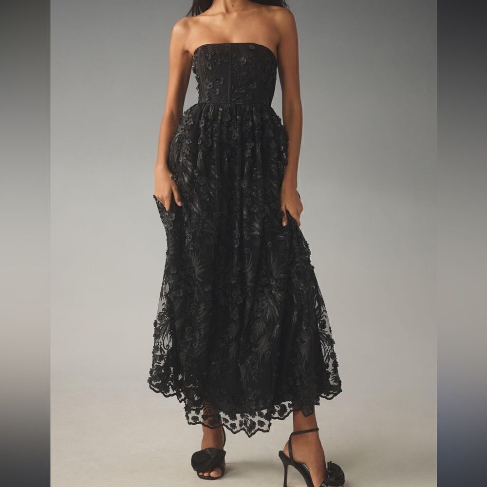 Anthropologie Payal Jain Strapless 3D Floral Beaded Lace Maxi Dress in Black